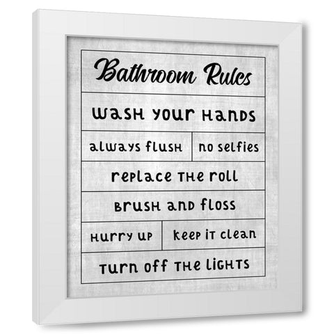 Simple Bathroom Rules White Modern Wood Framed Art Print by CAD Designs
