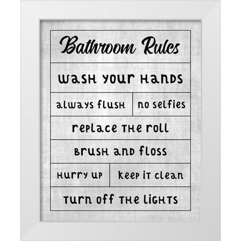Simple Bathroom Rules White Modern Wood Framed Art Print by CAD Designs