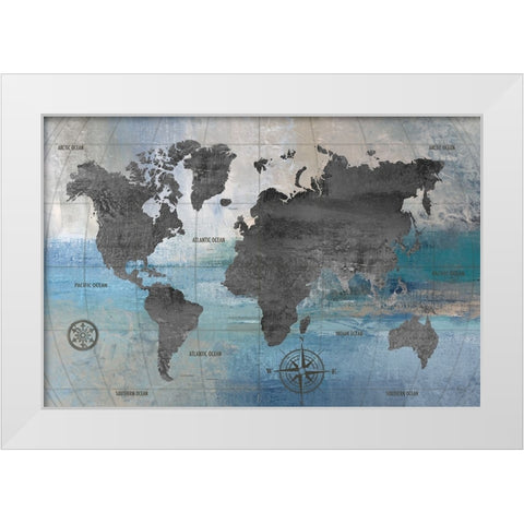 World Map Blue and Gray White Modern Wood Framed Art Print by Nan