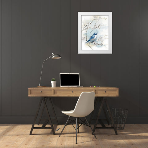 Blossoms and Bluebird I White Modern Wood Framed Art Print by Nan