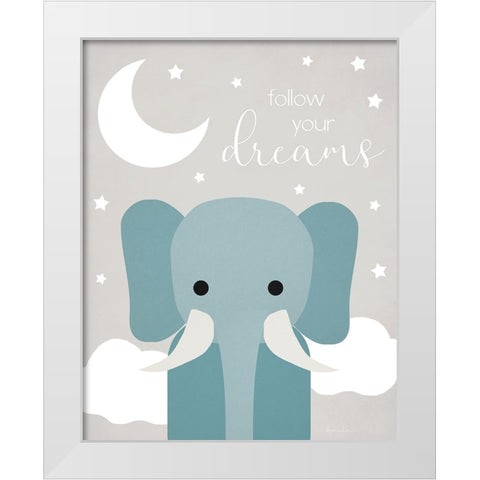 Dreams Elephant White Modern Wood Framed Art Print by Santiago, Daniela