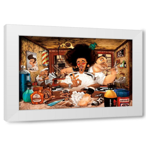 The Barbers Shop White Modern Wood Framed Art Print by Perez, Adam