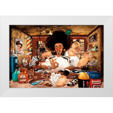 The Barbers Shop White Modern Wood Framed Art Print by Perez, Adam