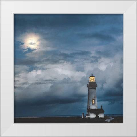 Lighthouse In Moonlight White Modern Wood Framed Art Print by Burt, D.