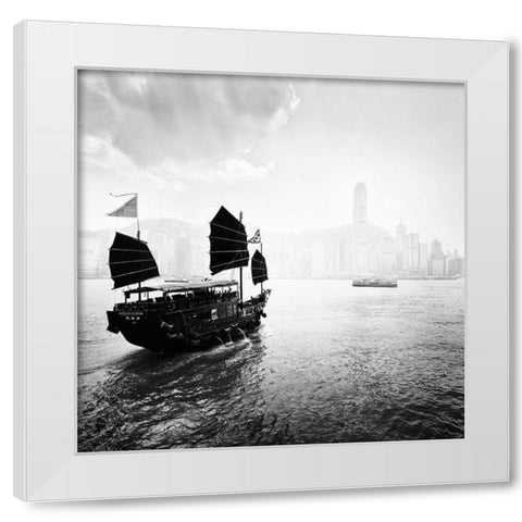 Boat in the Hong Kong Harbor White Modern Wood Framed Art Print by Praxis Studio
