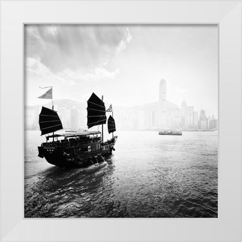 Boat in the Hong Kong Harbor White Modern Wood Framed Art Print by Praxis Studio