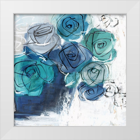 Blue Flowers in Pot White Modern Wood Framed Art Print by Black, Alex