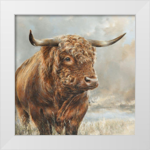 Wild Filed Bull  White Modern Wood Framed Art Print by Perejogina, Dina
