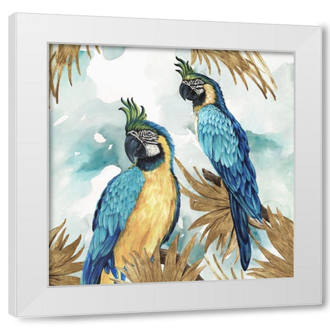 Golden Parrots White Modern Wood Framed Art Print by Watts, Eva