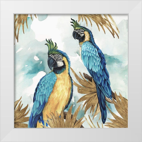 Golden Parrots White Modern Wood Framed Art Print by Watts, Eva