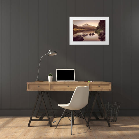 Mountain Forest Lake Sunrise White Modern Wood Framed Art Print by Nature Magick