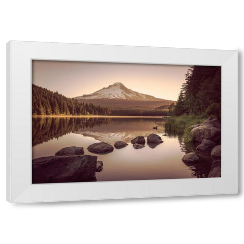 Mountain Forest Lake Sunrise White Modern Wood Framed Art Print by Nature Magick