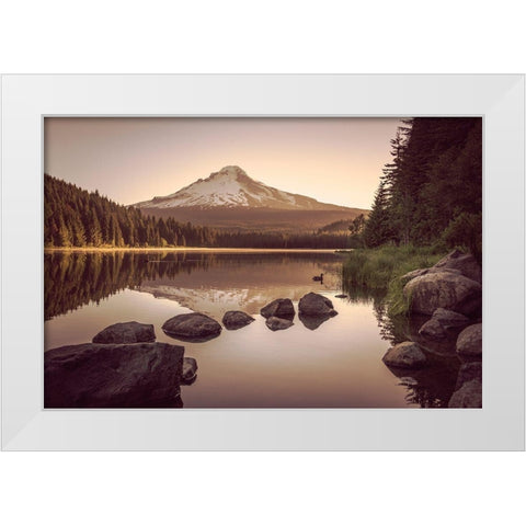 Mountain Forest Lake Sunrise White Modern Wood Framed Art Print by Nature Magick