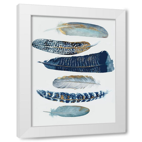 Blue and Gold Feathers I White Modern Wood Framed Art Print by Hatfield, Jodi