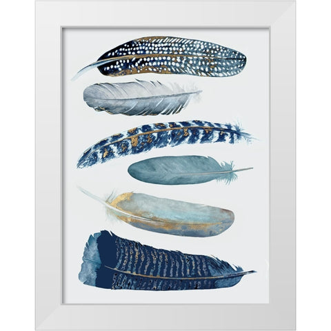 Blue And Gold Feathers II White Modern Wood Framed Art Print by Hatfield, Jodi