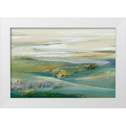 Green Sunset Pasture White Modern Wood Framed Art Print by Lera