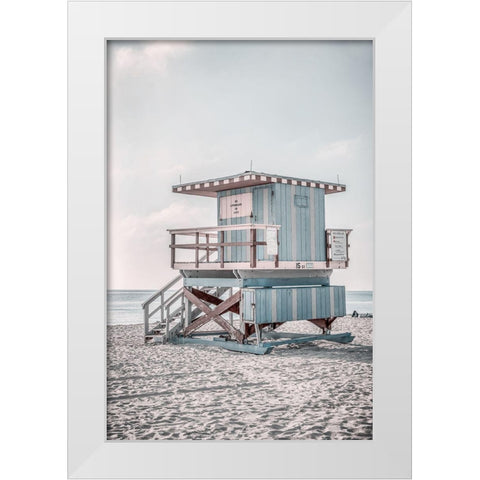Miam Blue Beach Lifeguard Tower  White Modern Wood Framed Art Print by Haase, Andrea