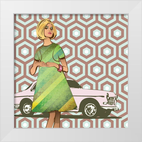 Girl With Car White Modern Wood Framed Art Print by Pazzio, Sammy