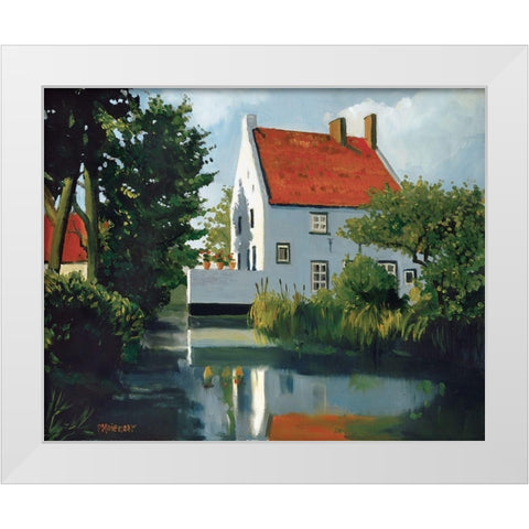 Geraniums On The Wall White Modern Wood Framed Art Print by Molenaar, Pieter