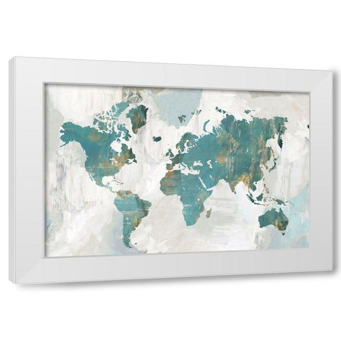 Teal World Map  White Modern Wood Framed Art Print by Collabera, Pamela