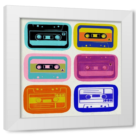 Retro Cassettes White Modern Wood Framed Art Print by PI Studio