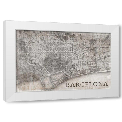 Map Barcelona Beige White Modern Wood Framed Art Print by PI Studio
