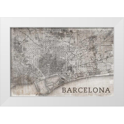 Map Barcelona Beige White Modern Wood Framed Art Print by PI Studio