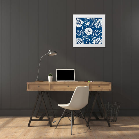 White Flowers On Indigo I White Modern Wood Framed Art Print by PI Studio