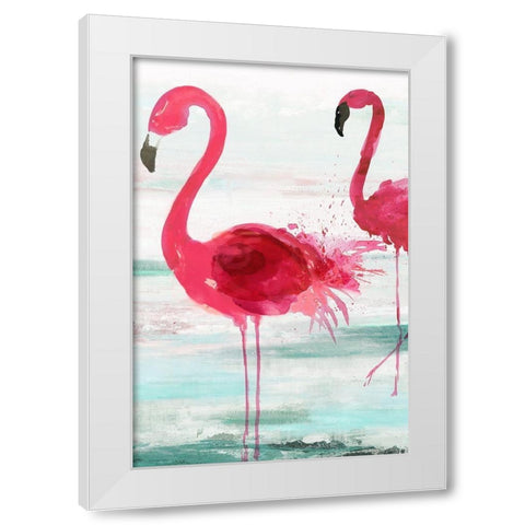 Beach Flamingoes White Modern Wood Framed Art Print by Wilson, Aimee