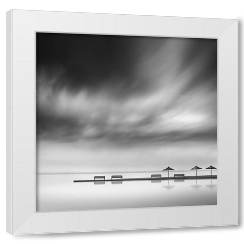Digalekis - Four Benches and Three Umbrellas White Modern Wood Framed Art Print by 1x