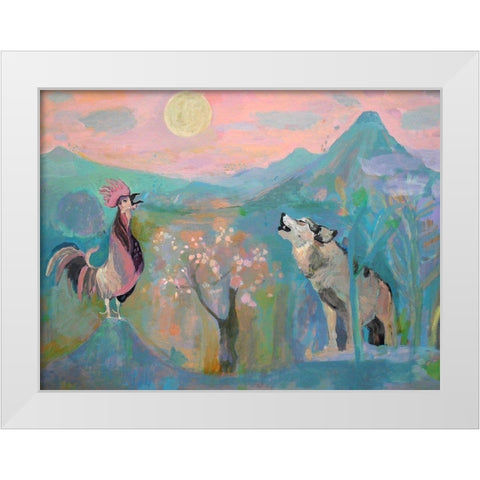 The Wolf and the Rooster Sing by Moonlight White Modern Wood Framed Art Print by Alvarez, Iria Fernandez