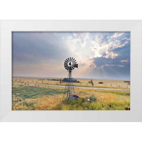Windmill Sunset White Modern Wood Framed Art Print by Annie Bailey Art