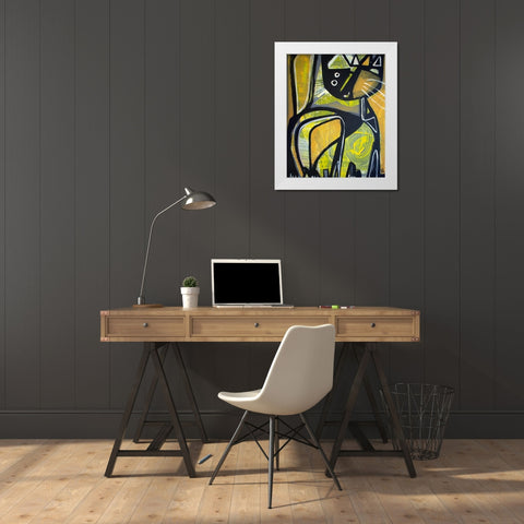 One Yellow Cat White Modern Wood Framed Art Print by Avila, Gabriela