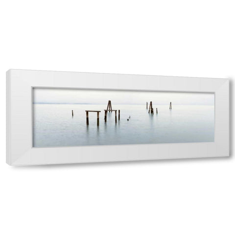 Vintage Pier in the Mist White Modern Wood Framed Art Print by Blaustein, Alan