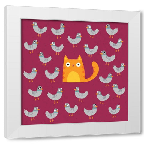 Cat amongst the Pigeons White Modern Wood Framed Art Print by Buxton, Michael