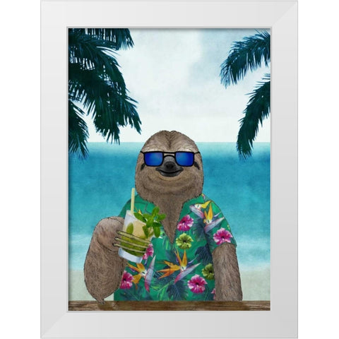 Sloth on Summer Holidays White Modern Wood Framed Art Print by Barruf