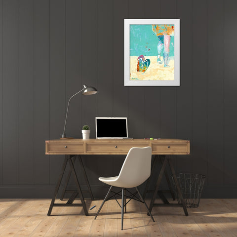 Flip Flops on the Beach White Modern Wood Framed Art Print by Beer, Pamela K.