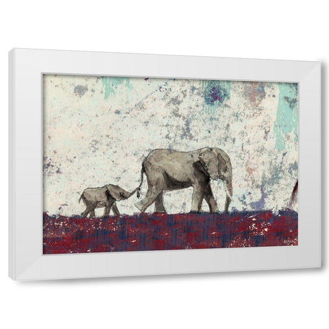 Elephant March White Modern Wood Framed Art Print by Baran, John