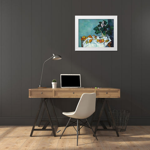 Still Life with Apples and a Pot of Primroses White Modern Wood Framed Art Print by Cezanne, Paul