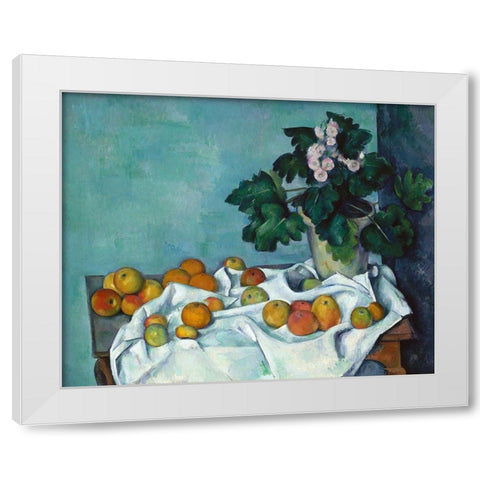 Still Life with Apples and a Pot of Primroses White Modern Wood Framed Art Print by Cezanne, Paul