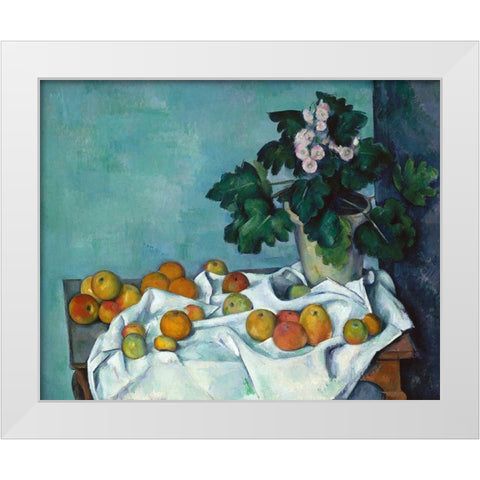Still Life with Apples and a Pot of Primroses White Modern Wood Framed Art Print by Cezanne, Paul