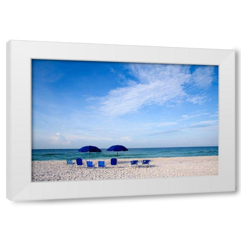 Blue Chairs and Umbrellas White Modern Wood Framed Art Print by Cannon, George