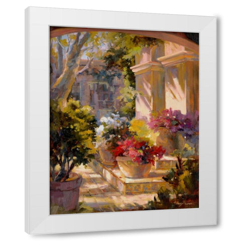 Flowered Courtyard White Modern Wood Framed Art Print by Carr, Betty