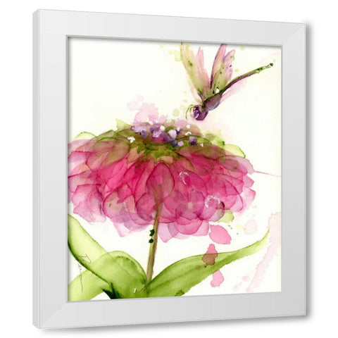 Dragonfly and Zinnia White Modern Wood Framed Art Print by Derman, Dawn