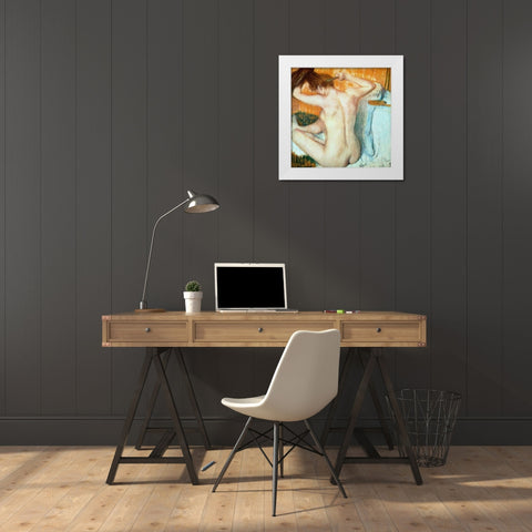 Woman Combing Her Hair White Modern Wood Framed Art Print by Degas, Edgar