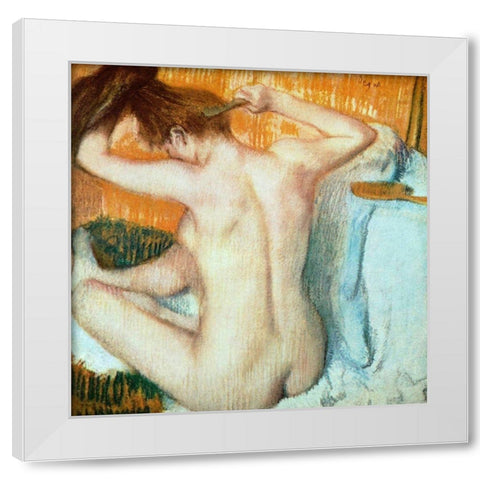 Woman Combing Her Hair White Modern Wood Framed Art Print by Degas, Edgar