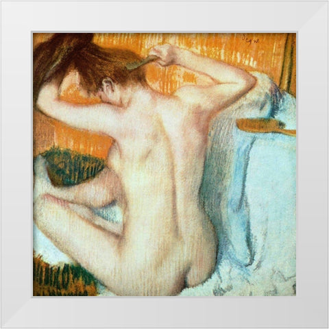 Woman Combing Her Hair White Modern Wood Framed Art Print by Degas, Edgar