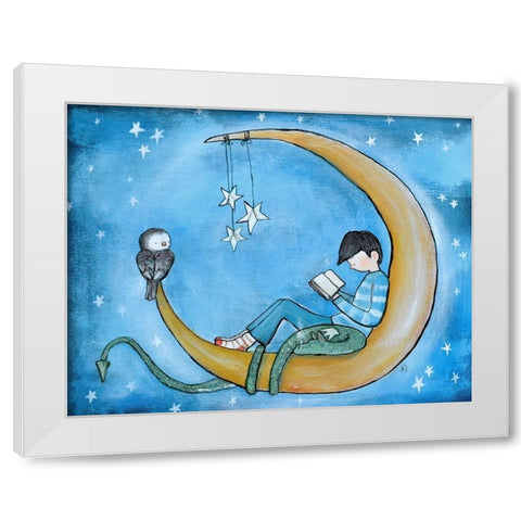 Boy Reading On Moon White Modern Wood Framed Art Print by Doss, Andrea