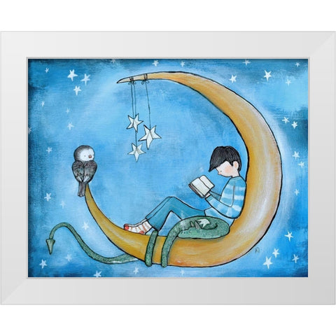 Boy Reading On Moon White Modern Wood Framed Art Print by Doss, Andrea