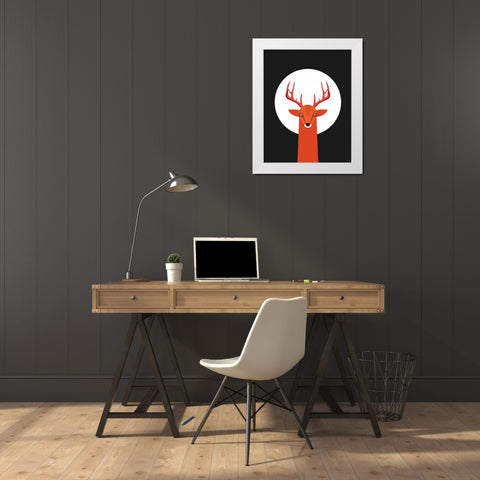 Deer and Moon White Modern Wood Framed Art Print by Dalyan, Volkan